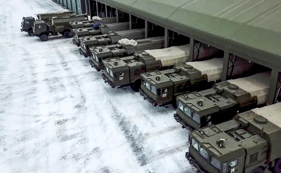 FILE - In this photo taken from video provided by the Russian Defense Ministry Press Service on Jan. 25, 2022, the Russian army's Iskander missile launchers and support vehicles prepare to deploy for drills in Russia. Sometime this summer, if President Vladimir Putin can be believed, Russia moved some of its short-range nuclear weapons into Belarus, closer to Ukraine and onto the doorstep of NATO’s members in Central and Eastern Europe. (Russian Defense Ministry Press Service via AP, File)