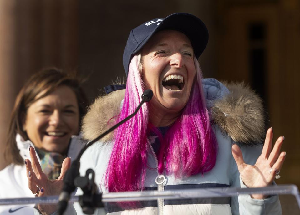 Olympic medalist Shannon Bahrke speaks about Salt Lake City being named as the preferred host for 2034 Olympics during a “watch party” at the Salt Lake City-County Building in Salt Lake City on Wednesday, Nov. 29, 2023. | Laura Seitz, Deseret News