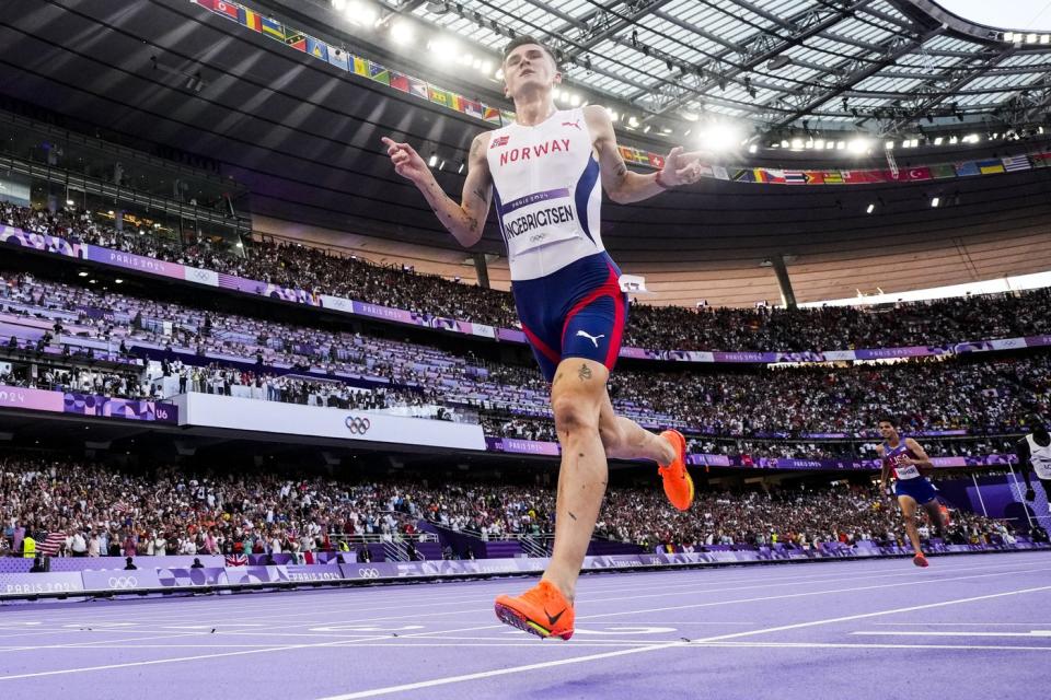 Jakob Ingebrigtsen of Norway wins the 5,000 meters at the Paris