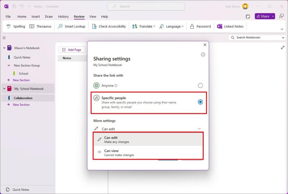 OneNote sharing settings