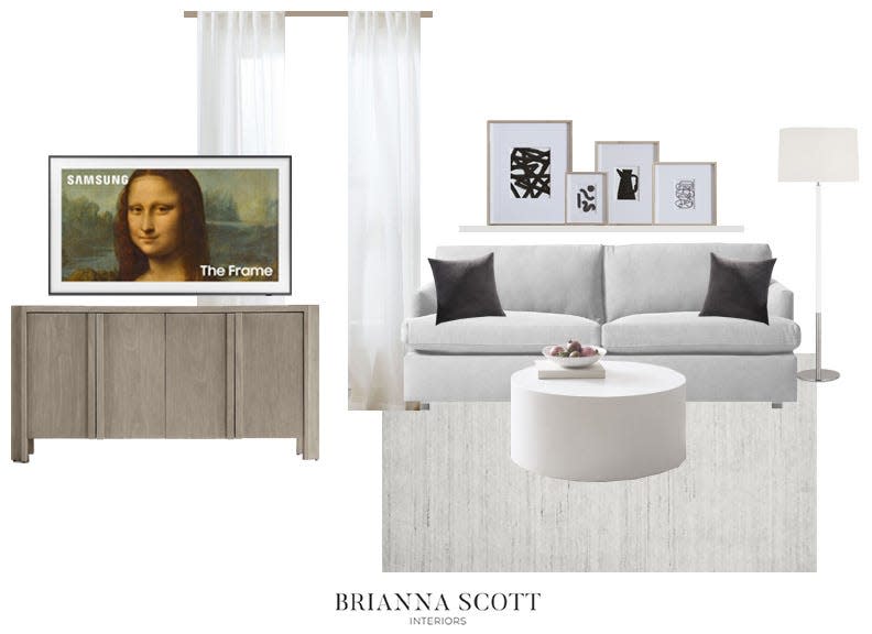 frame tv, light wood tv stand, white couch design plan