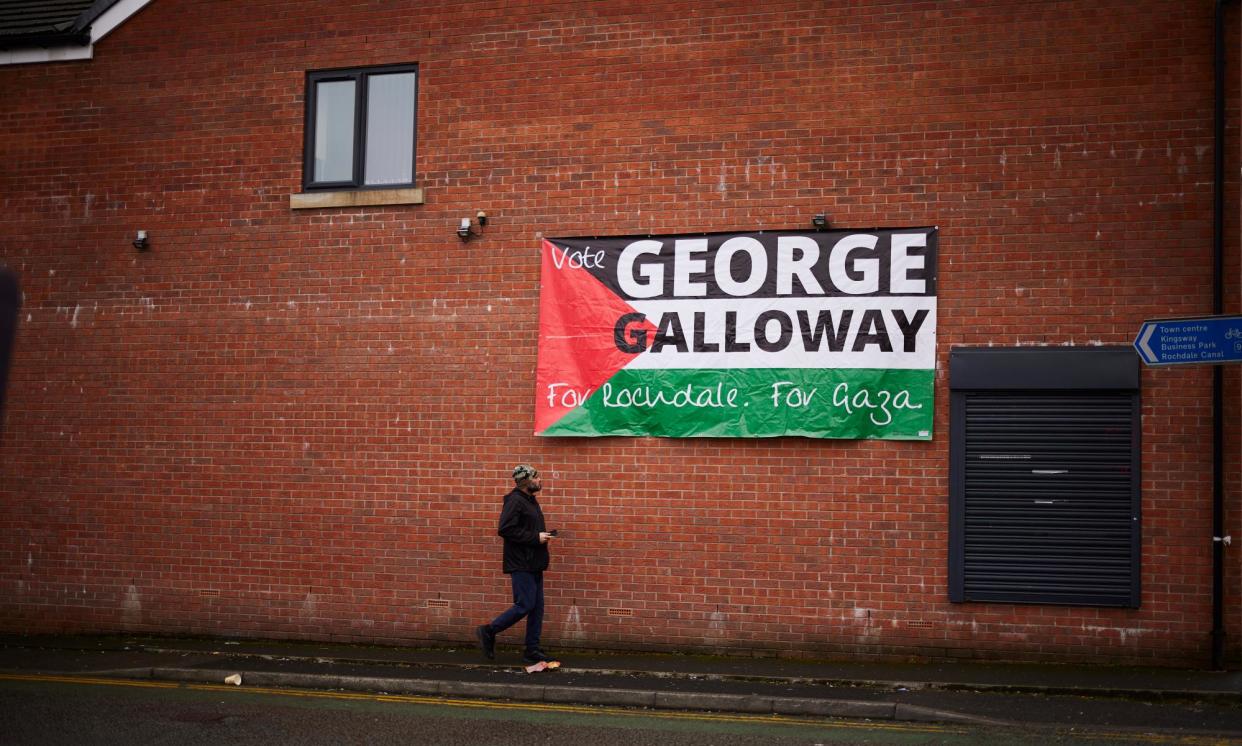 <span>A George Galloway campaign banner on a house in Rochdale.</span><span>Photograph: Christopher Thomond/The Guardian</span>