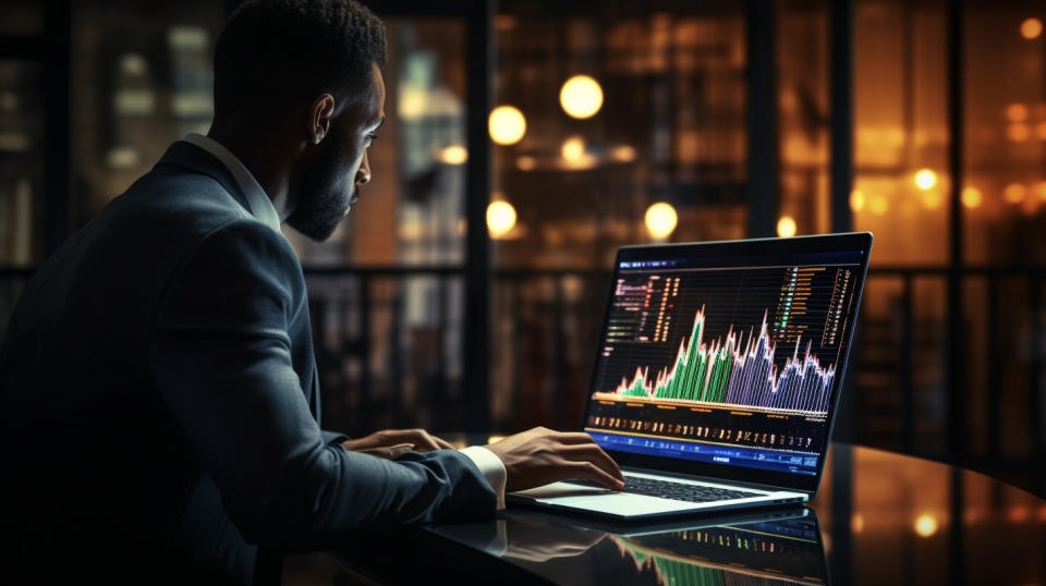 A professional in a suit looking at data on a laptop, representing the store information of the company.