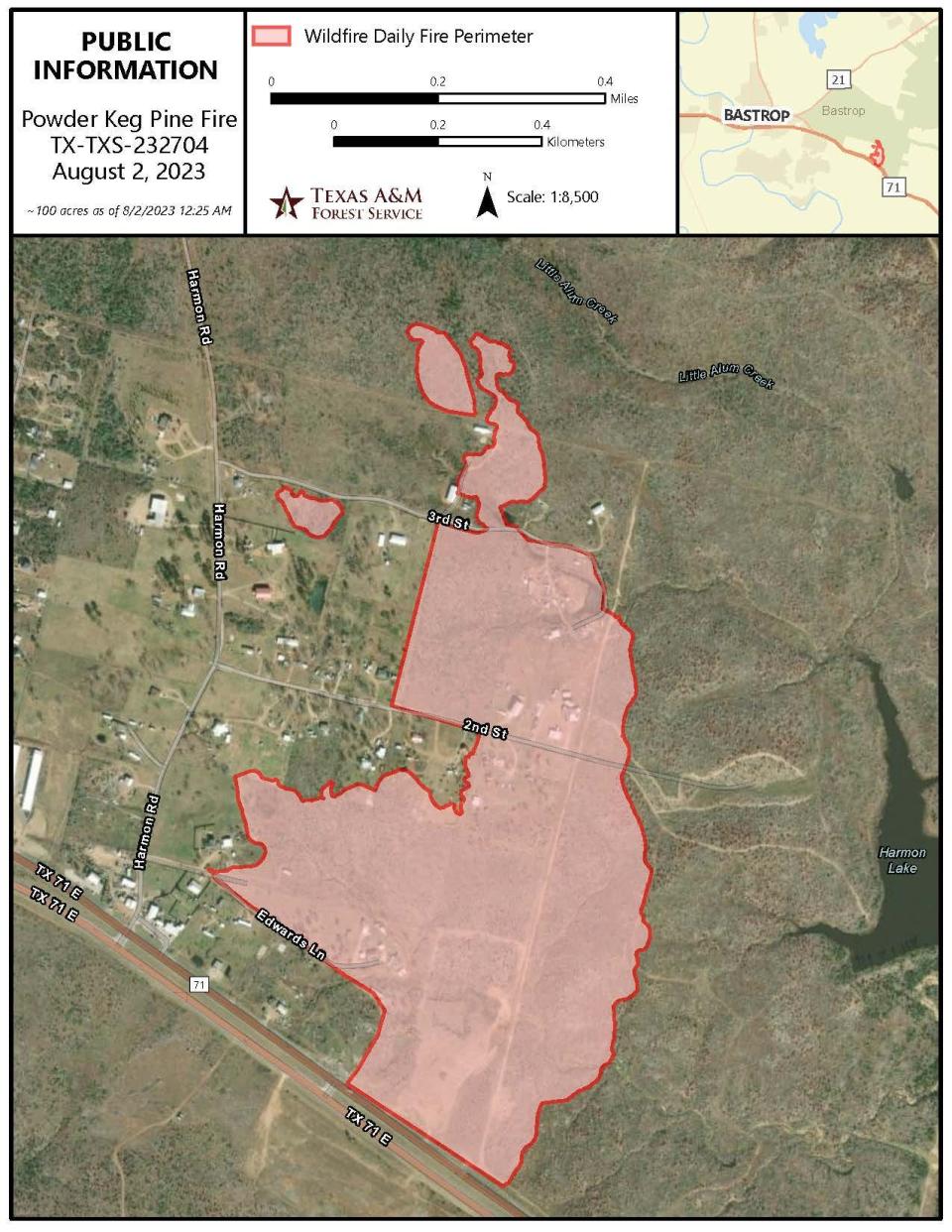 A map by the Bastrop County Office of Emergency Management outlines the Powder Keg Fire.