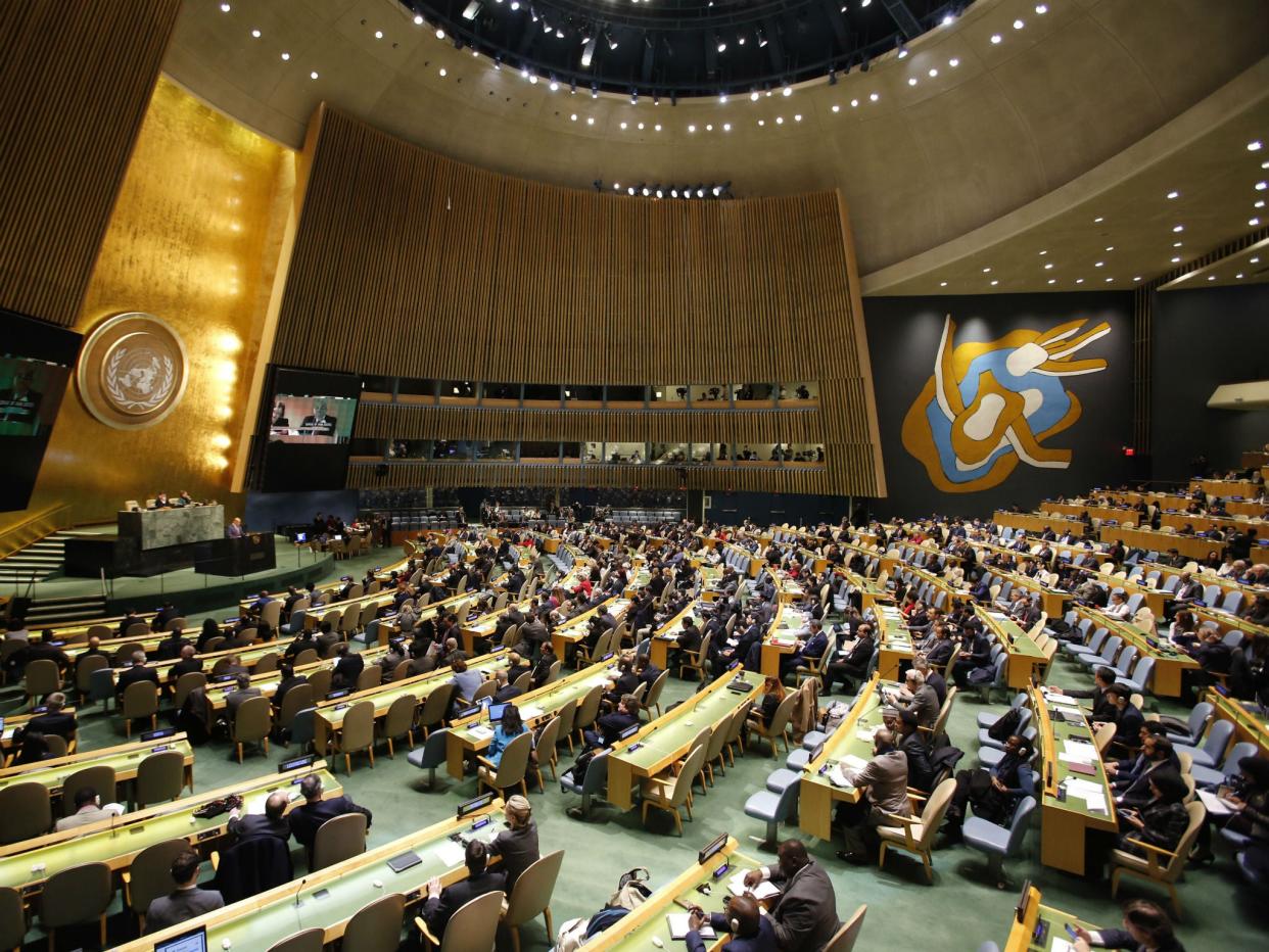 People gather at the United Nations General Assembly prior to the vote: AP