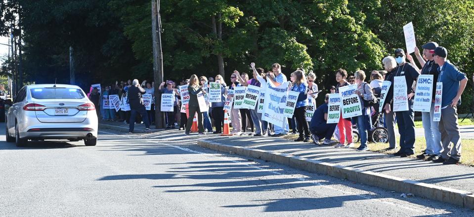 A protest for staffing of Registered Nurses and Healthcare Professional at Steward Good Samaritan Medical Center outside the Brockton Fire Museum on Wednesday, Oct. 6, 2021.