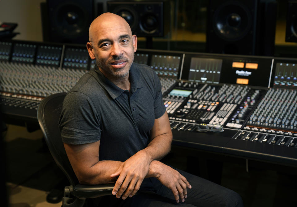 Harvey Mason jr., CEO of The Recording Academy, poses for a portrait at Harvey Mason Media music production studios, Monday, Oct. 11, 2021, in Burbank, Calif. (AP Photo/Chris Pizzello)