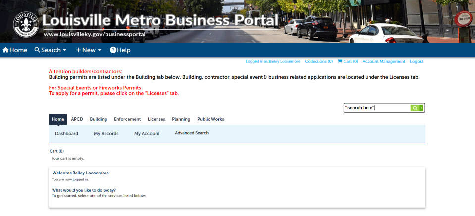 Screenshot of the Louisville Metro Business portal.