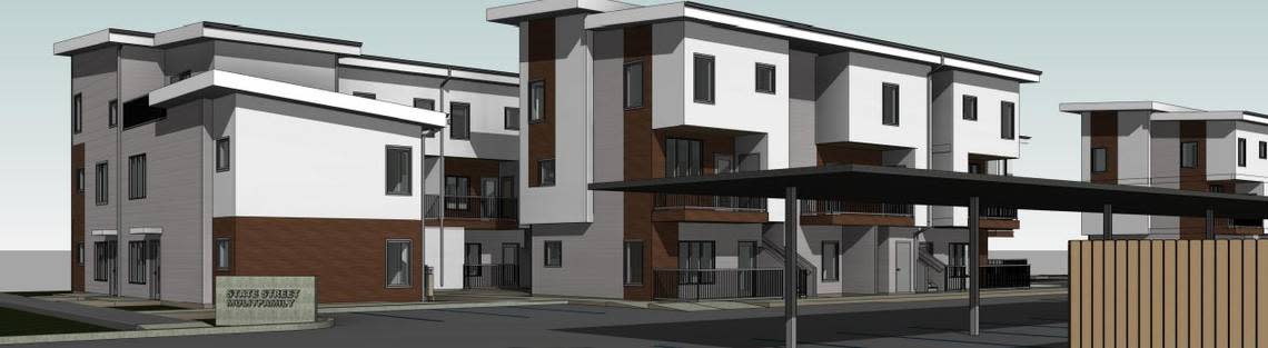 An architect’s rendering of part of the apartment complex. Carports will be located on the east side.