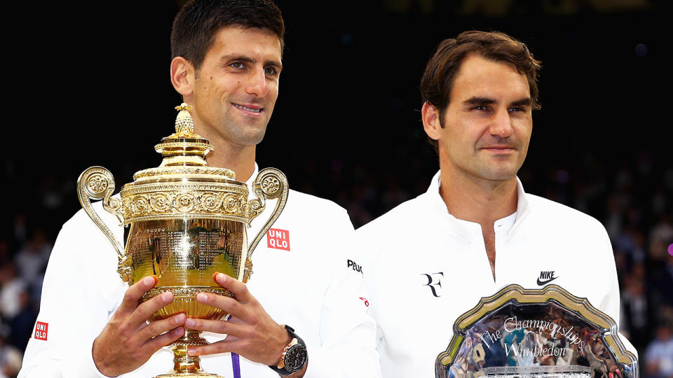 Novak Djokovic and Roger Federer, pictured here after the 2015 Wimbledon final. 