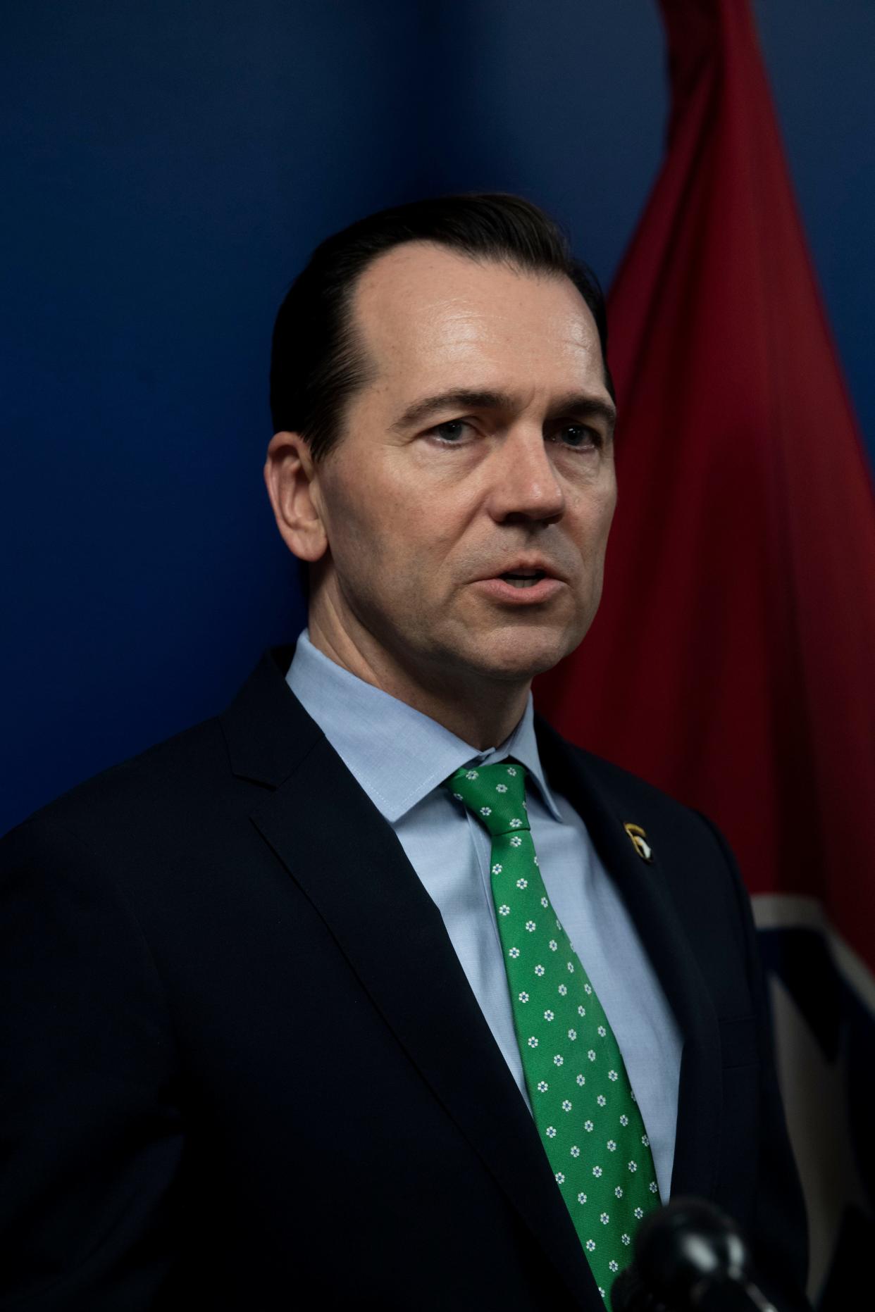 Rep. John Ray Clemmons, D- Nashville, Chairman of the House Democratic Caucus speaks to members of the press following session at Cordell Hull State Office Building in Nashville , Tenn., Thursday, March 14, 2024.