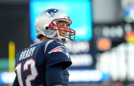 Aug 9, 2018; Foxborough, MA, USA; New England Patriots quarterback Tom Brady (12) looks towards the crowd prior to a game against the Washington Redskins at Gillette Stadium. Mandatory Credit: Bob DeChiara-USA TODAY Sports