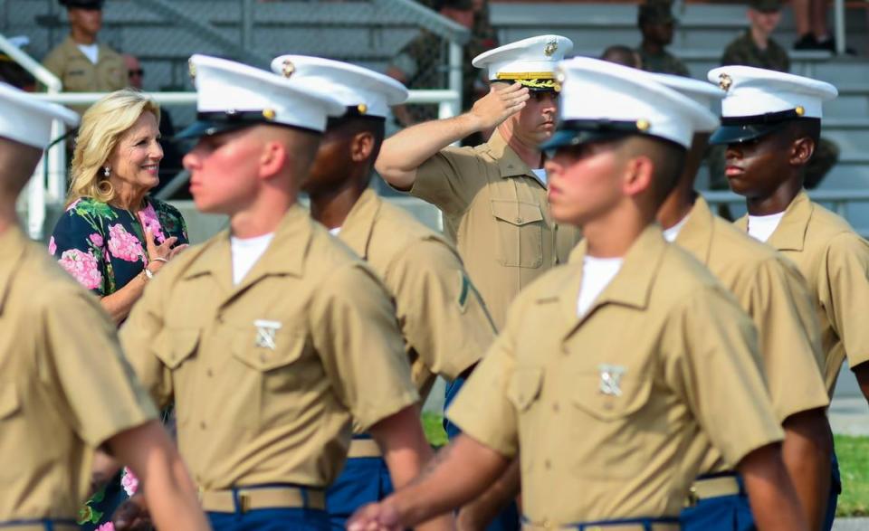 First Lady Jill Biden reviews Marines during the “Pass in Review” portion of the graduation ceremony on Friday, June 30, 2023 at Marine Corps Recruit Depot Parris Island. The visit was part of a White House called Joining Forces to assist military members and their families through education, employment opportunities and wellness programs.