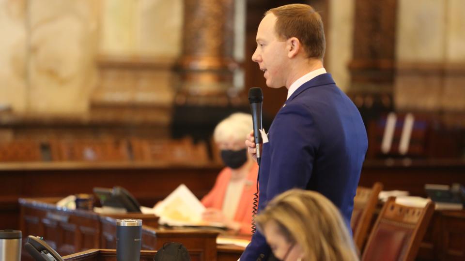 Sen. Ethan Corson, D-Fairway, speaks on the Senate floor Friday in opposition of proposed Congressional redistricting maps introduced by Republican leaders.