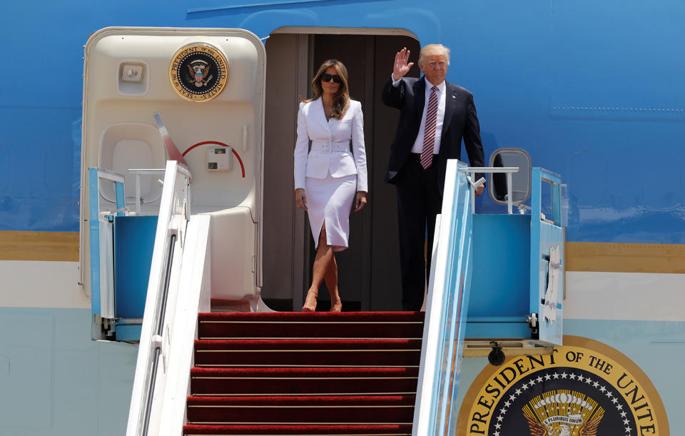 <p>U.S. President Donald Trump and first lady Melania Trump arrive aboard Air Force One at Ben Gurion International Airport in Lod near Tel Aviv, Israel May 22, 2017. (Photo: Amir Cohen/Reuters) </p>