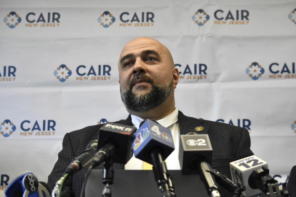 Prospect Park Mayor Mohamed Khairullah delivers remarks at the news conference. New Jersey chapter of the Council on American-Islamic Relations hold a news conference with Muslim community leaders in South Plainfield, New Jersey, United States on May 2, 2023. Leaders responded to the Secret Service's ''sudden and baseless'' revocation of Prospect Park Mayor Mohamed Khairullah's White House Eid event invitation due to ''perceived profiling.'' (Photo by Kyle Mazza/NurPhoto via AP) (Kyle Mazza / NurPhoto via AP)