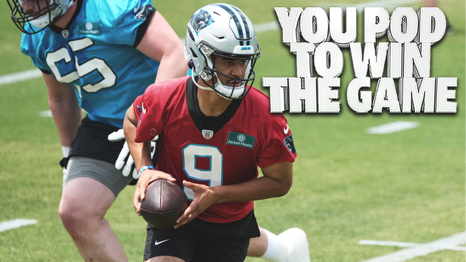 May 12, 2023; Charlotte, NC, USA; Carolina Panthers quarterback Bryce Young (9) hands off the ball during the Carolina Panthers rookie camp at the Atrium Practice Facility. Mandatory Credit: Jim Dedmon-USA TODAY Sports