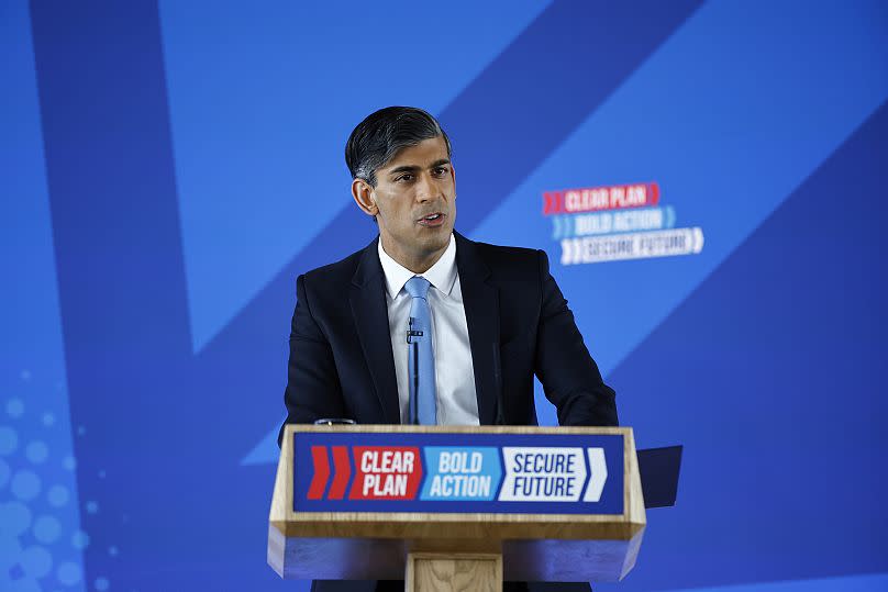 Britain's Prime Minister Rishi Sunak, delivers a speech to launch the Conservatives' general election manifesto in Silverstone, England