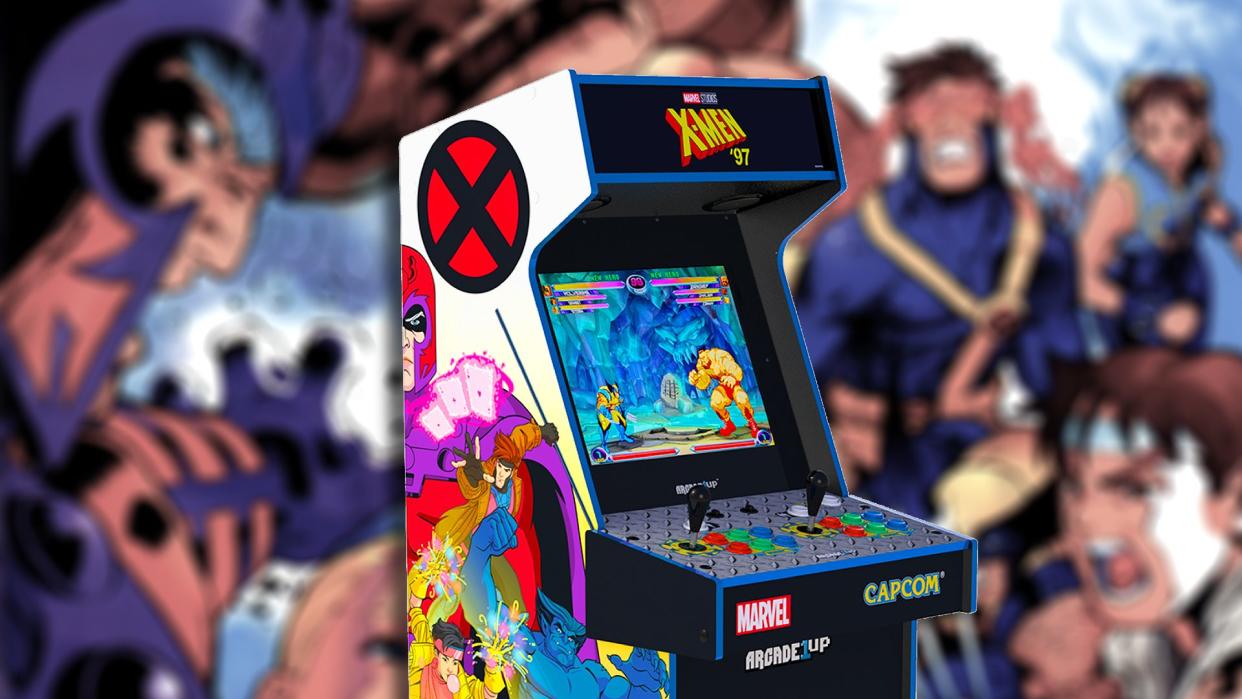  X-Men arcade1up cabinet with X-Men vs Street Fighter key art in backdrop. 