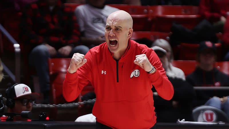 Utah Utes head coach Craig Smith cheers after a play as Utah and Colorado play in the Huntsman Center at the University of Utah in Salt Lake City on Saturday, Feb. 11, 2023. Smith’s Utes will play in the eight-team Charleston Classic in November.