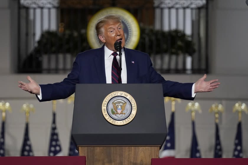 President Donald Trump speaks from the South Lawn of the White House on the fourth day of the Republican National Convention, Thursday, Aug. 27, 2020, in Washington. (AP Photo/Evan Vucci)