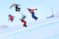 <p>VAL THORENS, FRANCE – DECEMBER 13: Pierre Vaultier of France competes, Christian Ruud Myhre of Norway competes, Jake Vedder of USA competes, Alessandro Haemmerle of Austria competes during the FIS Freestyle Ski World Cup, Men’s and Women’s Ski Snowboardcross. (Getty Images) </p>