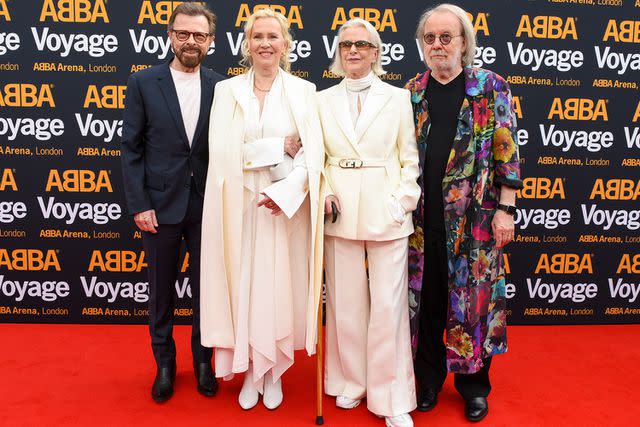 <p>Nicky J Sims/Getty</p> ABBA in London in May 2022