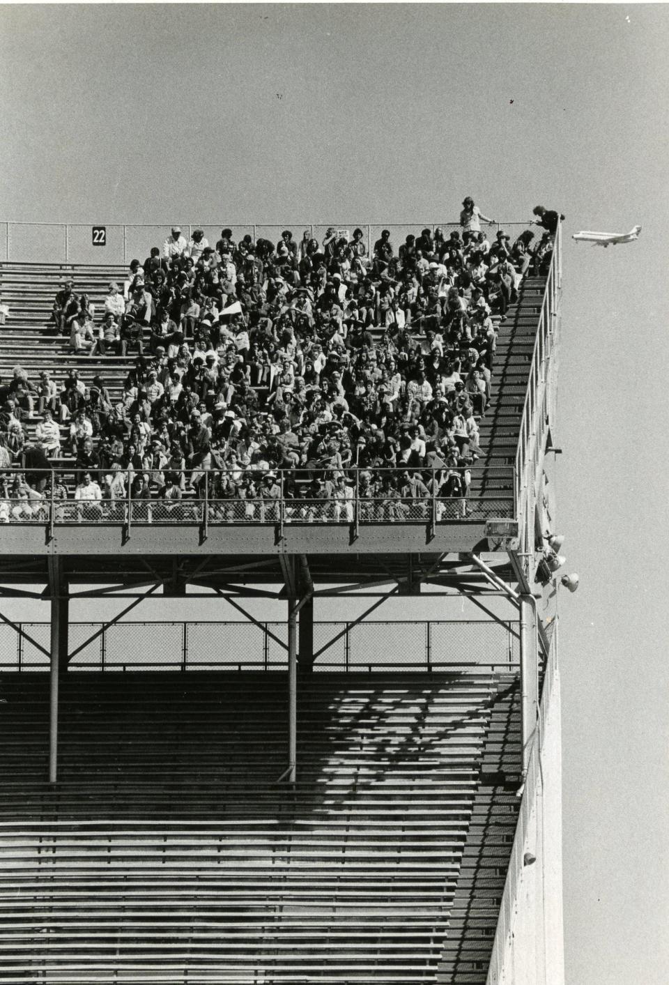 Jan. 29, 1976: A bit of Hollywood magic is shown in this photo, as only part of the stands were filmed to simulate Super Bowl-sized crowds for a scene from &#8217;Black Sunday.&#8217;