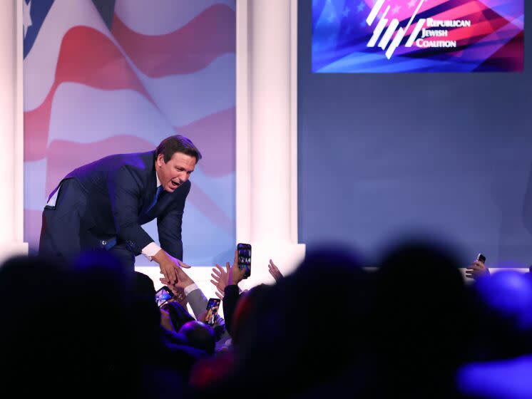 Ron DeSantis, governor of Florida, during the Republican Jewish Coalition (RJC) Annual Leadership Meeting in Las Vegas, Nevada, US, on Saturday, Nov. 19, 2022. Democrats defied political forecasts and historical trends to keep control of the Senate in a win for President Joe Biden, as voters rejected a handful of candidates backed by former President Donald Trump. Photographer: Ronda Churchill/Bloomberg via Getty Images