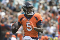 Denver Broncos quarterback Teddy Bridgewater looks for a receiver against the Jacksonville Jaguars during the first half of an NFL football game, Sunday, Sept. 19, 2021, in Jacksonville, Fla. (AP Photo/Phelan M. Ebenhack)