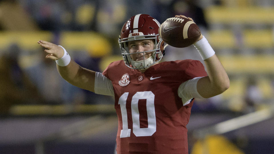 Alabama quarterback Mac Jones has a chance to crack the first round next year. (AP Photo/Matthew Hinton)