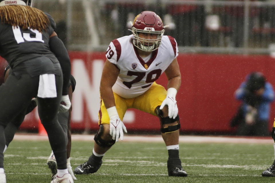 Southern California offensive lineman Jonah Monheim (79) lines up for a play during the first half of an NCAA college football game against Washington State, Saturday, Sept. 18, 2021, in Pullman, Wash. (AP Photo/Young Kwak)