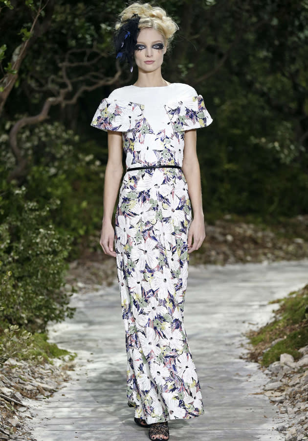 Chanel SS13: Oversized off-the-shoulder sleeves added an intriguing twist to Lagerfield's gowns.