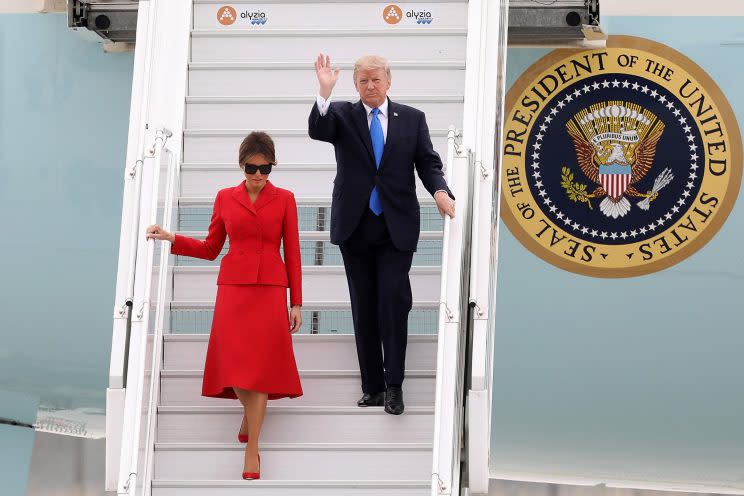 Melania Trump donned a red Dior suit for a trip to Paris [Photo: Getty]