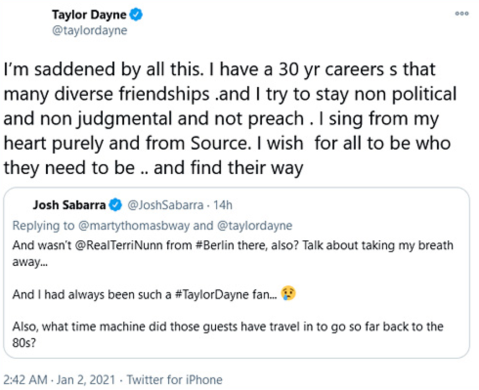 Taylor Dayne took to Twitter to defend her New Year's Eve appearance at Mar-a-Lago. (Screenshot: Twitter.com/Taylor Dayne via Just Jared)