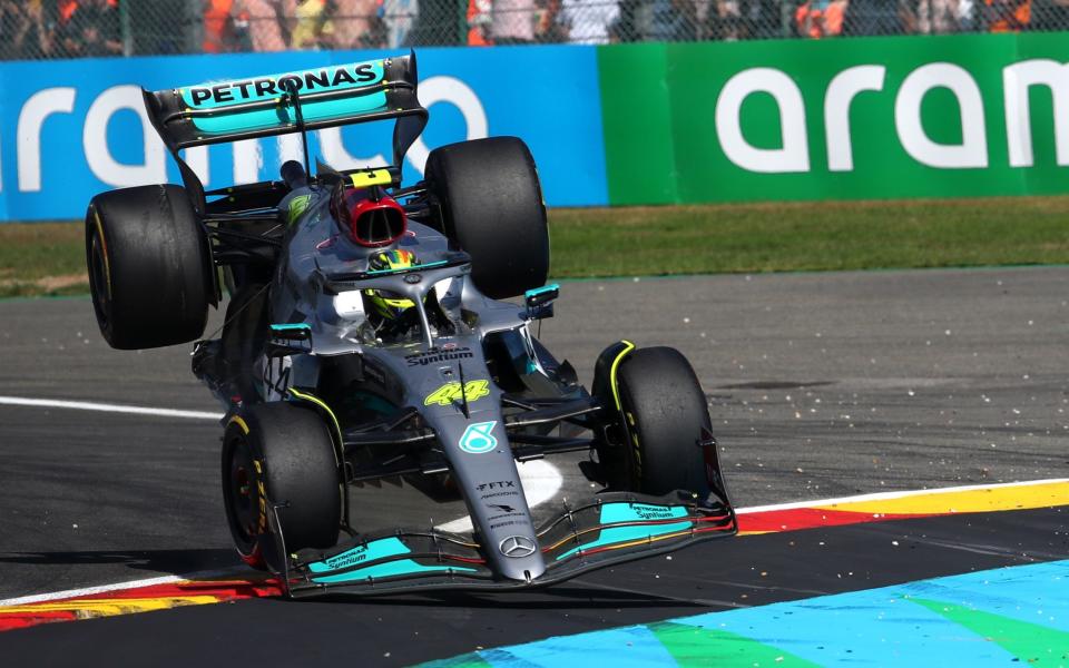 Lewis Hamilton of Great Britain driving the (44) Mercedes AMG Petronas F1 Team W13 lands on the run off area after a crash during the F1 Grand Prix of Belgium at Circuit de Spa-Francorchamps on August 28, 2022 in Spa, Belgium -  Formula 1/Formula 1 via Getty Images