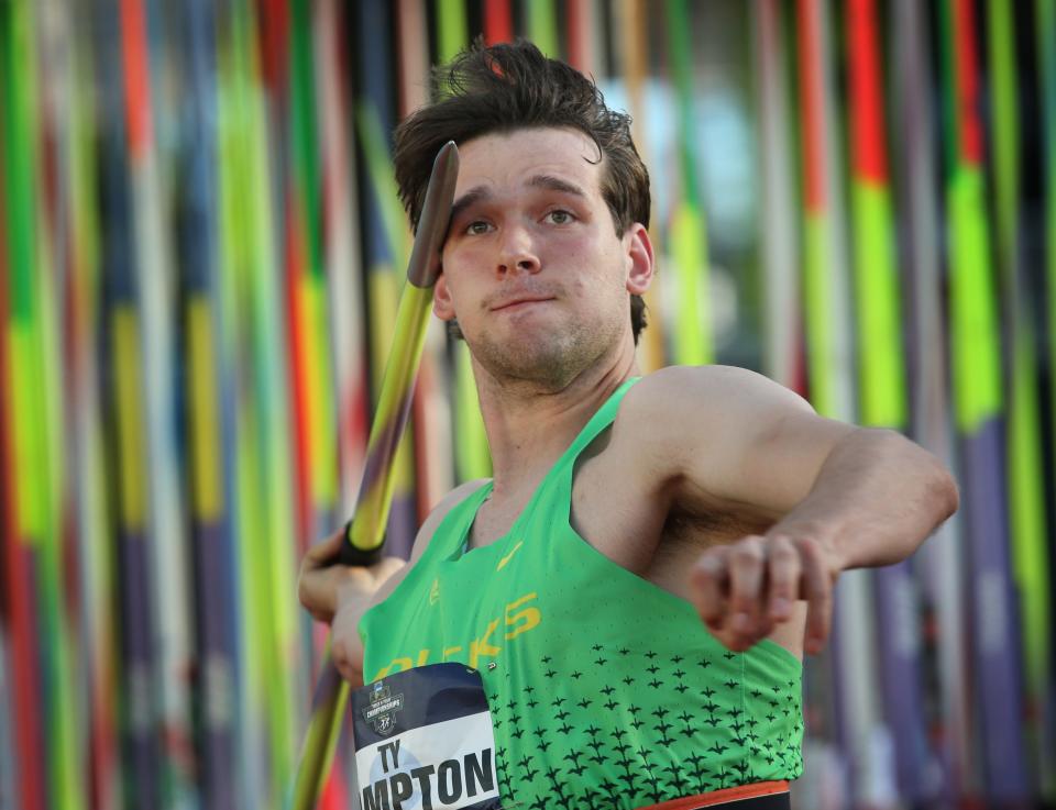 Oregon's Ty Hampton failed to make the final in the men's javelin on the first day of the NCAA Outdoor Track & Field Championships Wednesday June 8, 2022 at Hayward Field in Eugene, Ore.