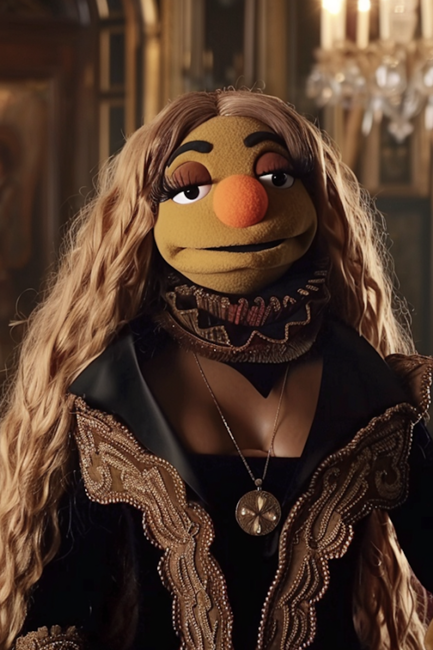 Muppet in an elegant outfit with a pendant necklace