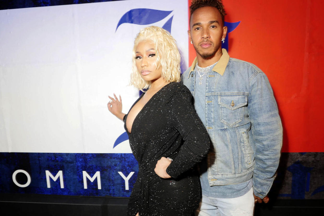 Nicki Minaj and Lewis Hamilton in 2018. (WWD / Penske Media via Getty Images)