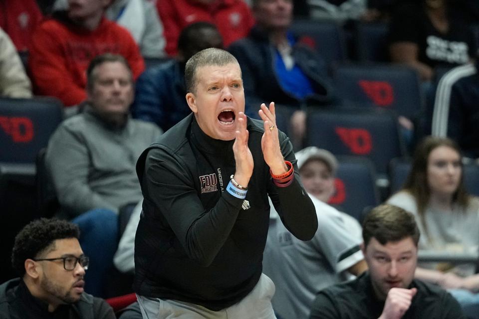 Fairleigh Dickinson head coach Tobin Anderson shouts during the second half of a First Four college basketball game against Texas Southern in the NCAA men's basketball tournament, Wednesday, March 15, 2023, in Dayton, Ohio. (AP Photo/Darron Cummings)