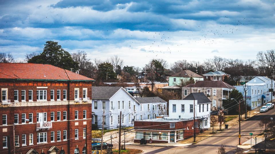 View to small American town.