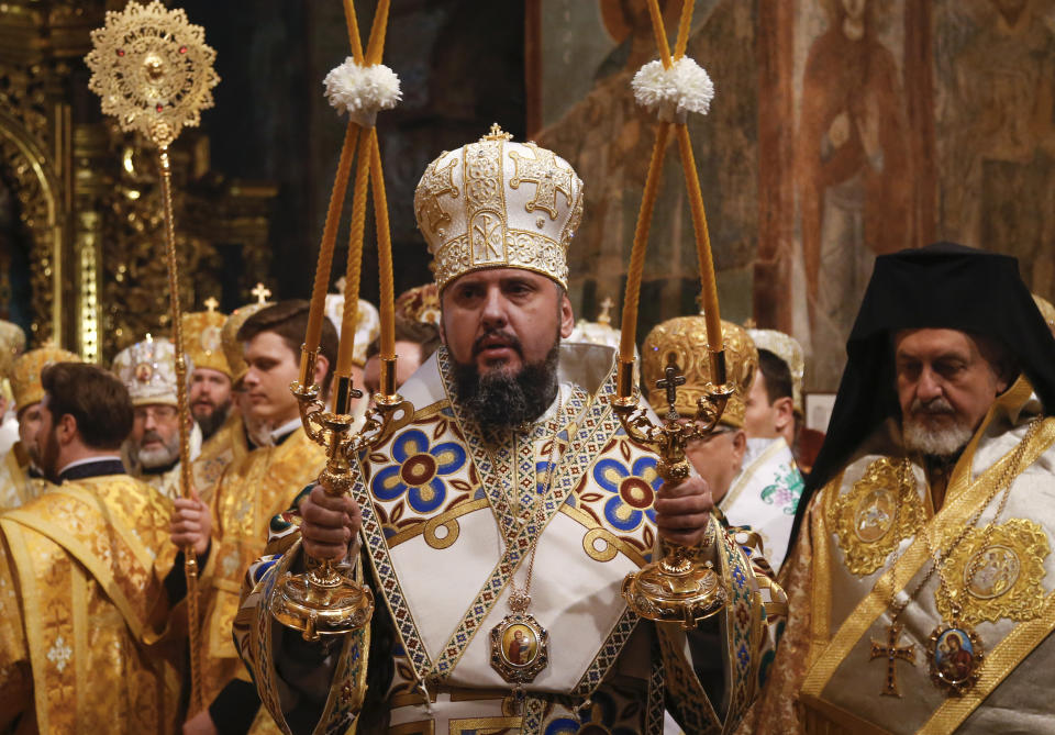 Metropolitan Epiphanius, newly elected head of the Orthodox Church of Ukraine, Metropolitan of Kyiv and All Ukraine, conducts a service during his enthronement in the St. Sophia Cathedral in Kiev, Ukraine, Sunday, Feb. 3, 2019. Epiphanius has been elected to head the new Ukrainian church independent from the Russian Orthodox Church. (AP Photo/Efrem Lukatsky)