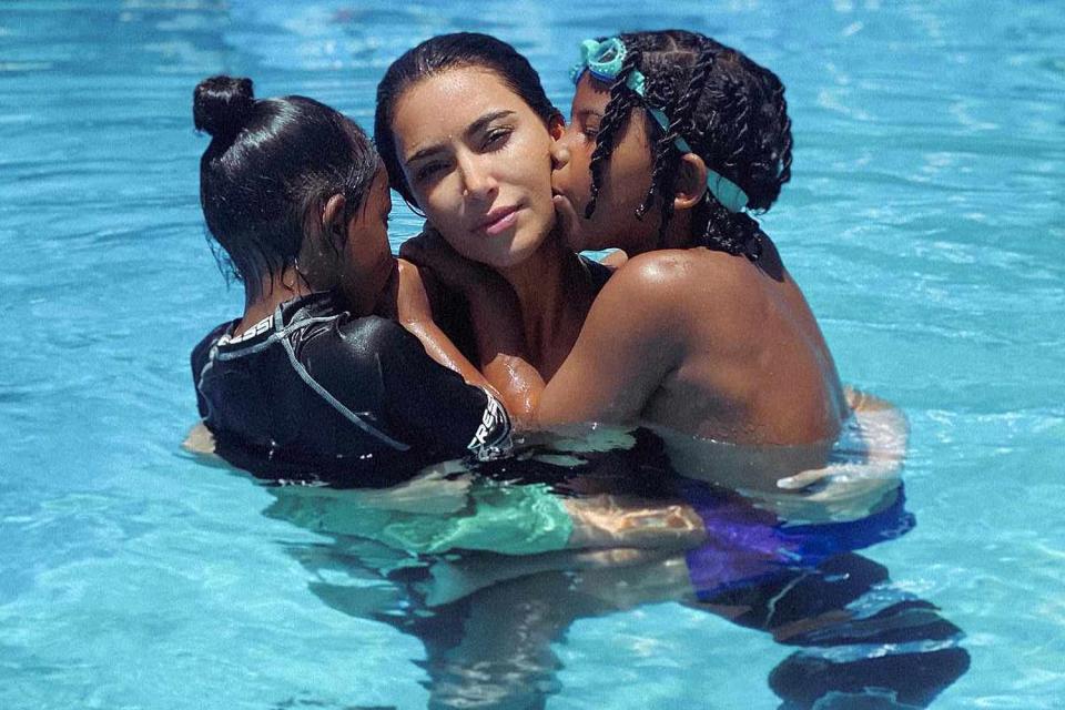 <p>Kim Kardashian/Instagram</p> Kim Kardashian and kids Chicago and Saint West spend some time together in the pool.