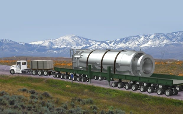 An illustration shows a NuScale Power Module on a truck. NuScale is a small modular reactor company. (NuScale Power - image credit)