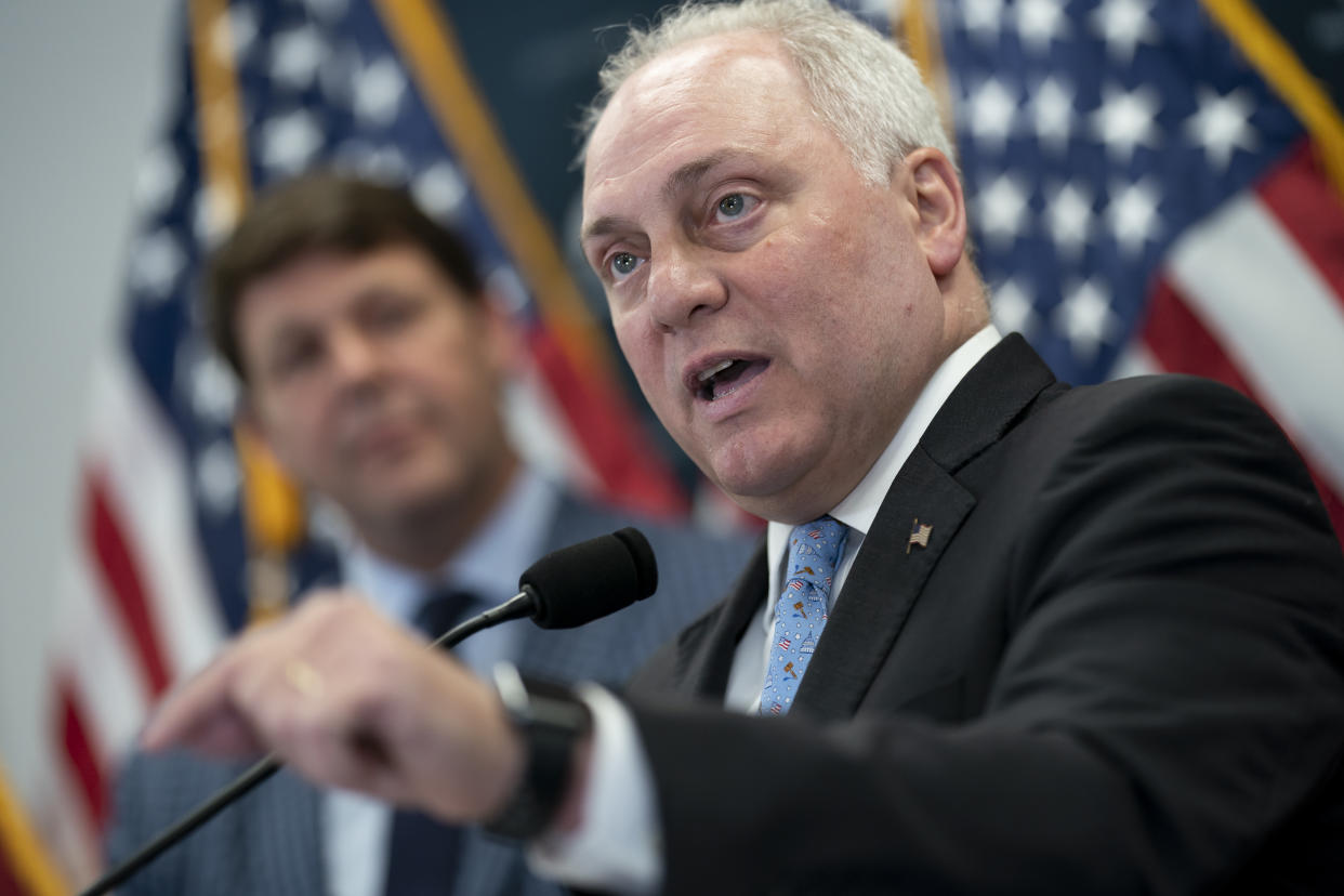 FILE - House Majority Leader Steve Scalise, R-La., speaks to reporters at the Capitol in Washington, Wednesday, April 26, 2023. More than a half million of the poorest Americans would be left without health insurance under legislation passed by House Republicans that would require people to work in exchange for health care coverage through Medicaid. The bill is unlikely to become law, though, with Democrats strongly opposing the idea. (AP Photo/J. Scott Applewhite, File)