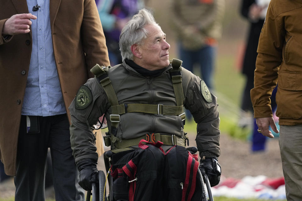 Texas Gov. Greg Abbott departs an airfield after he skydived in tandem Monday, Nov. 27, 2023, in Fentress, Texas. Abbott was invited to jump by 106-year-old World War II veteran Al Blaschke. (AP Photo/Eric Gay)