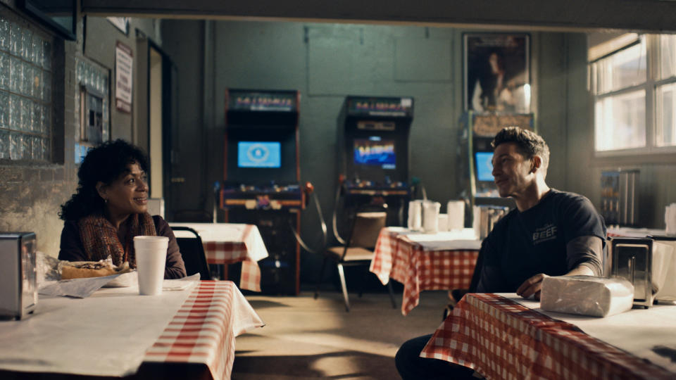 “THE BEAR” — “Napkins” — Season 3, Episode 6 (Airs Thursday, June 27th) — Pictured: (l-r) Liza Colón-Zayas as Tina, Jon Bernthal as Mikey.  CR: FX.