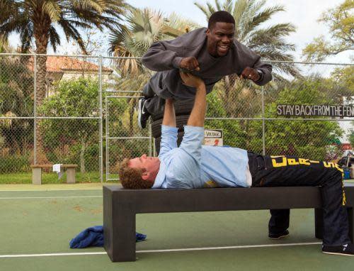 In this image released by Warner Bros. Entertainment Inc., Kevin Hart, top, and Will Ferrell appear in a scene from "Get Hard." (AP Photo/Warner Bros. Entertainment Inc., Patti Perret)