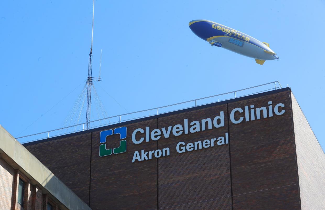 The Goodyear blimp flies over Cleveland Clinic Akron General in 2020.