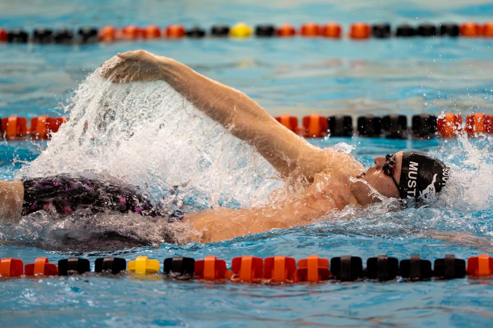 South Western’s Sean Filipovits competes in the Boys 100 Yard Backstroke at the Dick Guyer YAIAA Swimming & Diving Championship on Saturday, February 10, 2024. Sean Filipovits tied for first with Central York’s Nick Snyder with a time of 52.10.